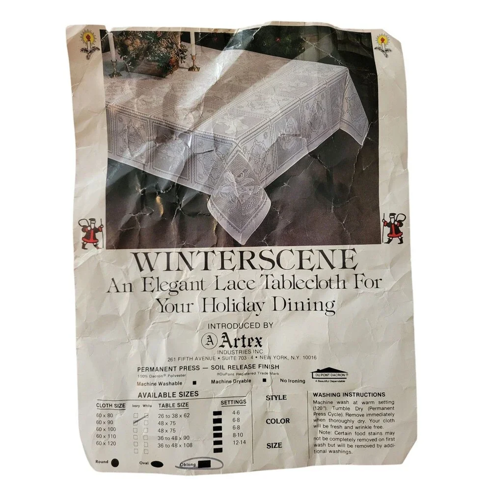 Vintage Artex Lace Winter Scene Obling 60x90 Tablecloth Ivory Christmas